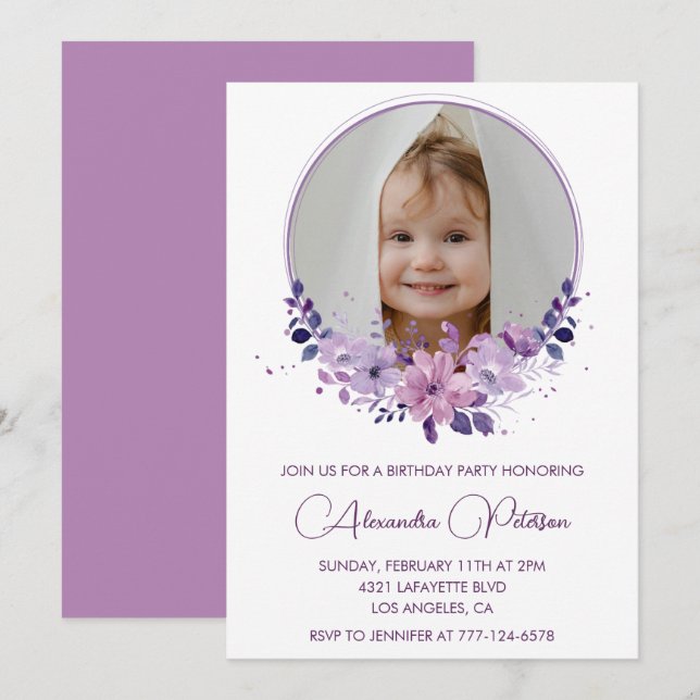 Elegant 7th birthday invitation Photo Floral Boho (Front/Back)