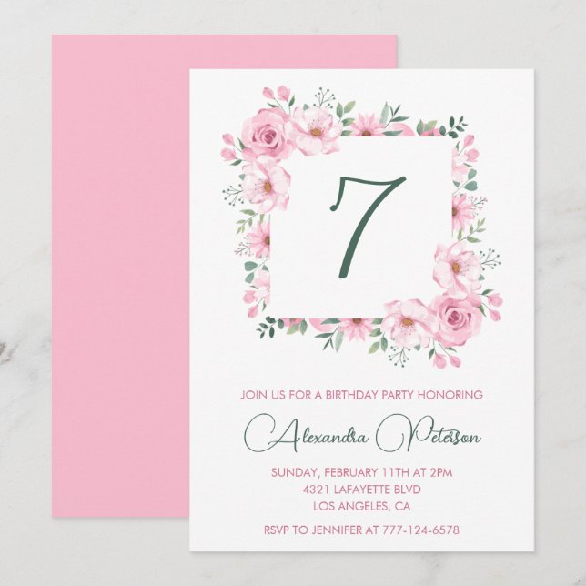 Elegant 7th birthday invitations Floral  Pink (Front/Back)