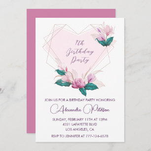 Elegant 7th birthday invitations Pink flowers 