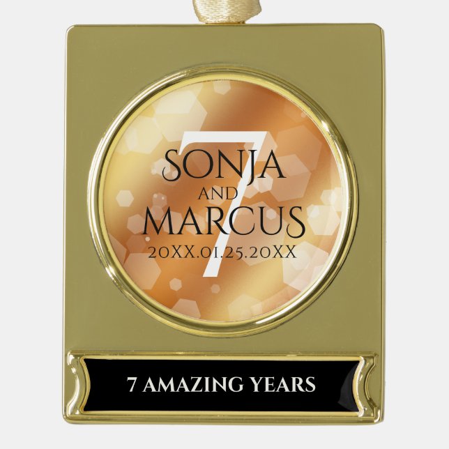 Elegant 7th Copper Wedding Anniversary Celebration Gold Plated Banner Ornament (Front)