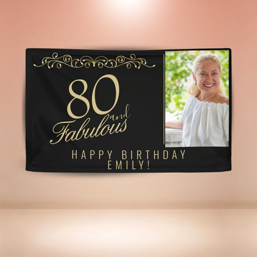 Elegant 80 and Fabulous Birthday Photo Black Banner