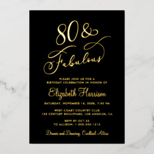 Elegant 80 And Fabulous Black 80th Birthday Party Foil Invitation