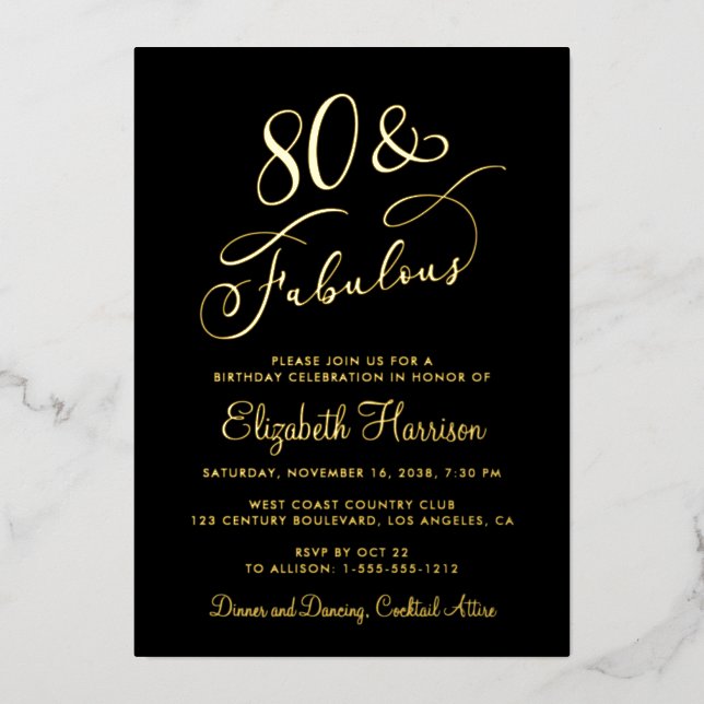 Elegant 80 And Fabulous Black 80th Birthday Party Foil Invitation (Front)