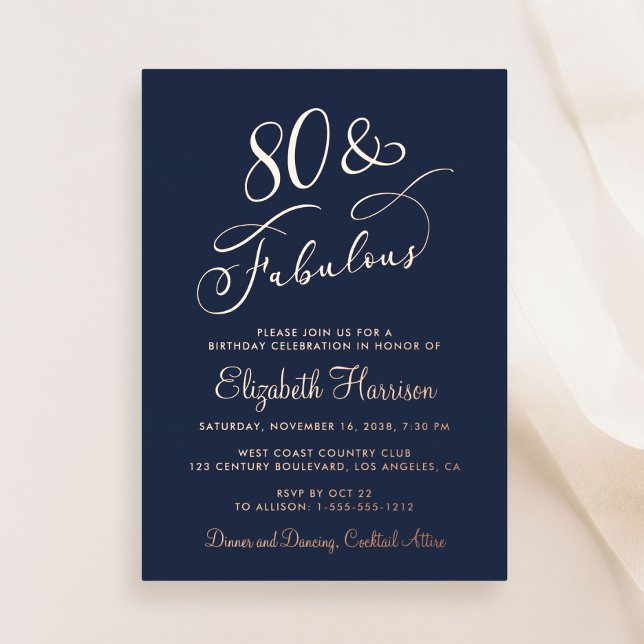 Elegant 80 And Fabulous Blues 80th Birthday Party Foil Invitation (Creator Uploaded)