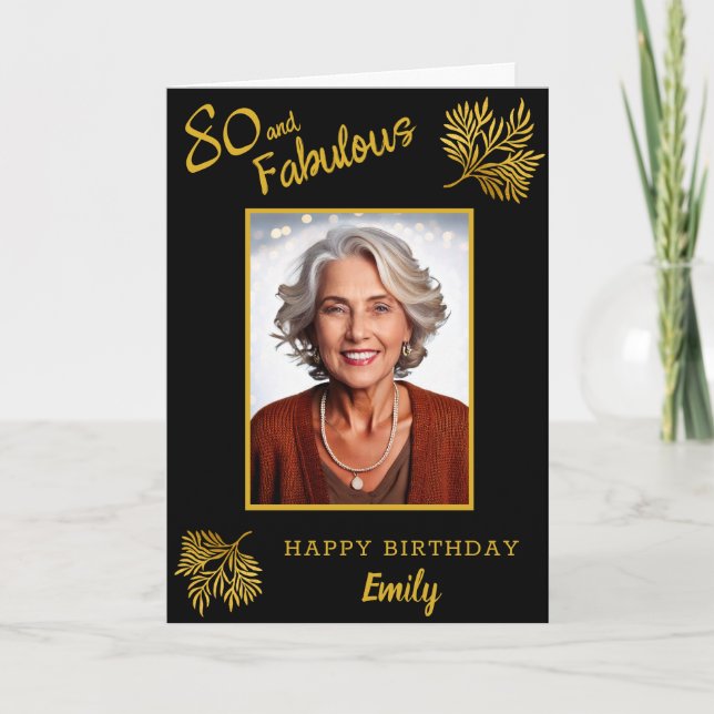 Elegant 80 and Fabulous Gold Foliage 80th Birthday Card (Front)
