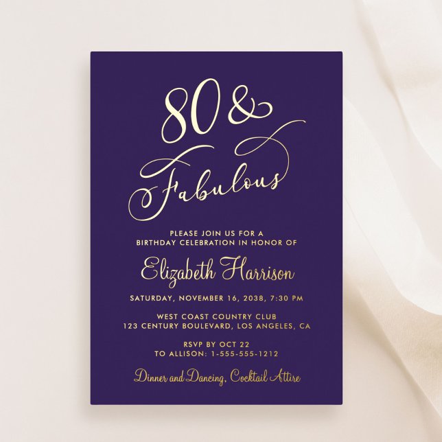Elegant 80 And Fabulous Purple 80th Birthday Party Foil Invitation (Creator Uploaded)