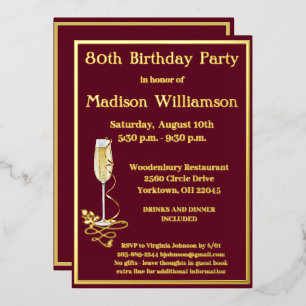 Elegant 80 Eighty Birthday Red REAL Gold Foil Invitation