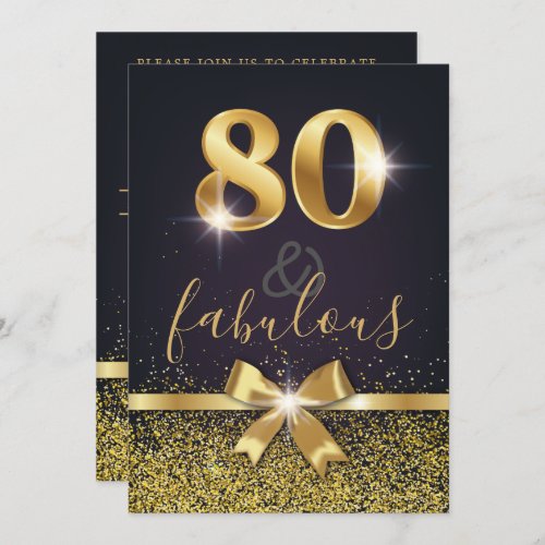 Elegant 80  Fabulous Gold Glitter 80th Birthday Invitation