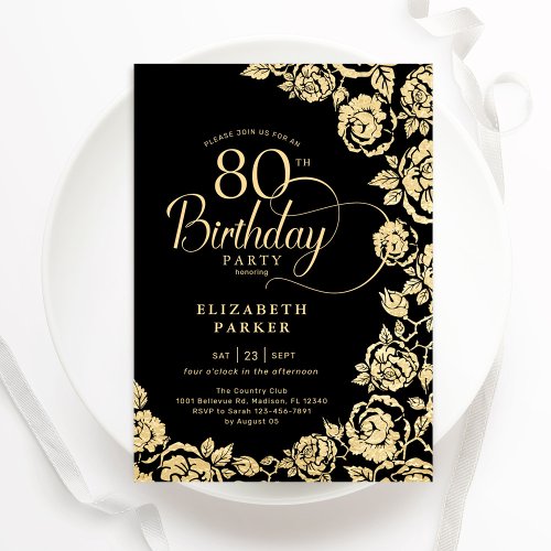 Elegant 80th Birthday Black Gold Roses