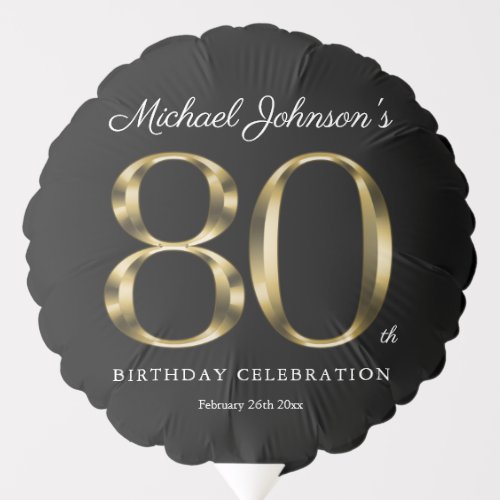 Elegant 80th Birthday Black Gold Typography Custom Balloon