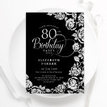 Elegant 80th Birthday Black Silver Roses Invitation<br><div class="desc">Black silver floral 80th birthday party invitation. Elegant design featuring roses,  faux silver foil and typography script font. Trendy invite card perfect for a stylish female bday celebration. Can be customized to any age. Personalize with your own details. Printed Zazzle invitations or instant download digital printable template.</div>