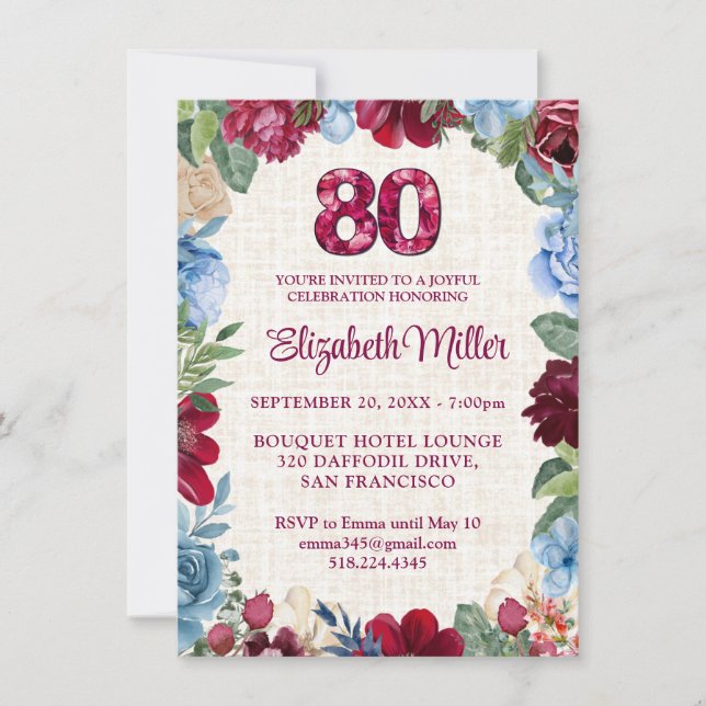 Elegant 80th Birthday - Blue Burgundy Flower 80 Invitation (Front)