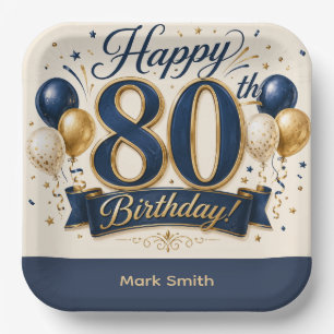 Elegant 80th Birthday Card Navy Blue and Gold Paper Plates