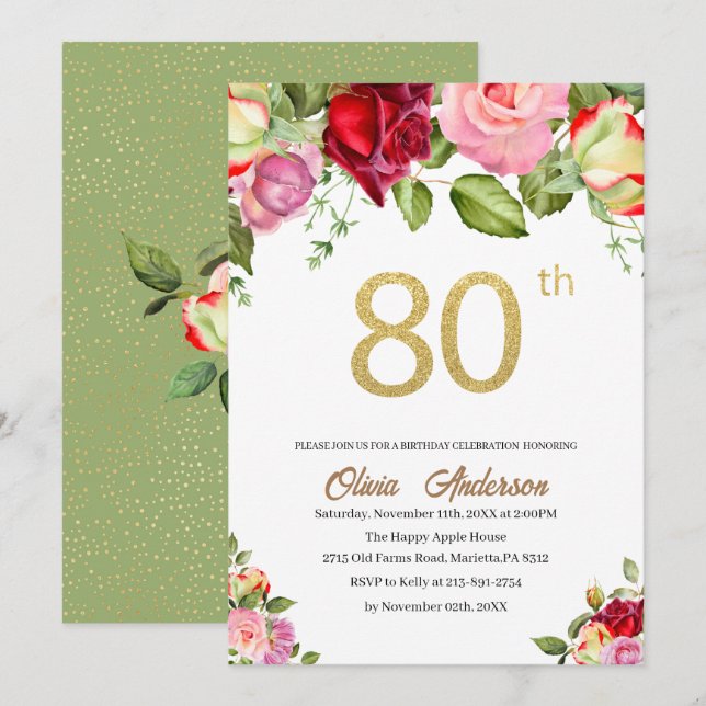 Elegant 80th  Birthday Celebration Watercolor Glit Invitation (Front/Back)