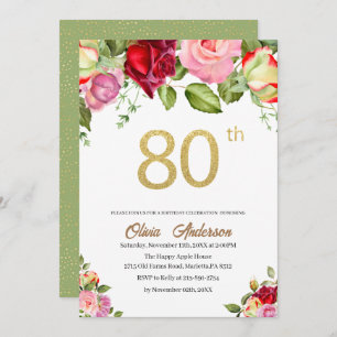 Elegant 80th Birthday Celebration Watercolor Glit Invitation