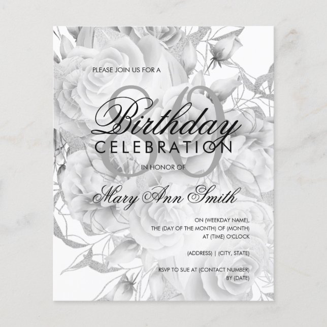 Elegant 80th Birthday Floral Silver White Invite (Front)