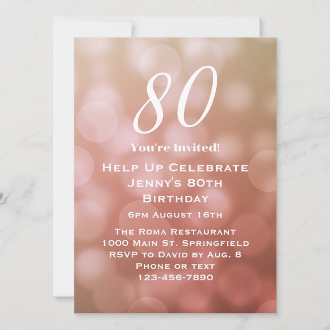 Elegant 80th Birthday For Her in Pink Bokeh Invitation (Front)