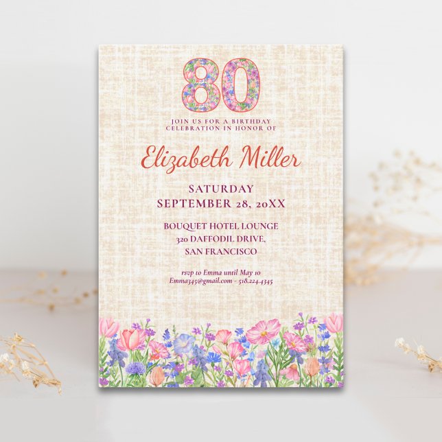 Elegant 80th Birthday for Her - Pink Flowers  Invitation (Creator Uploaded)