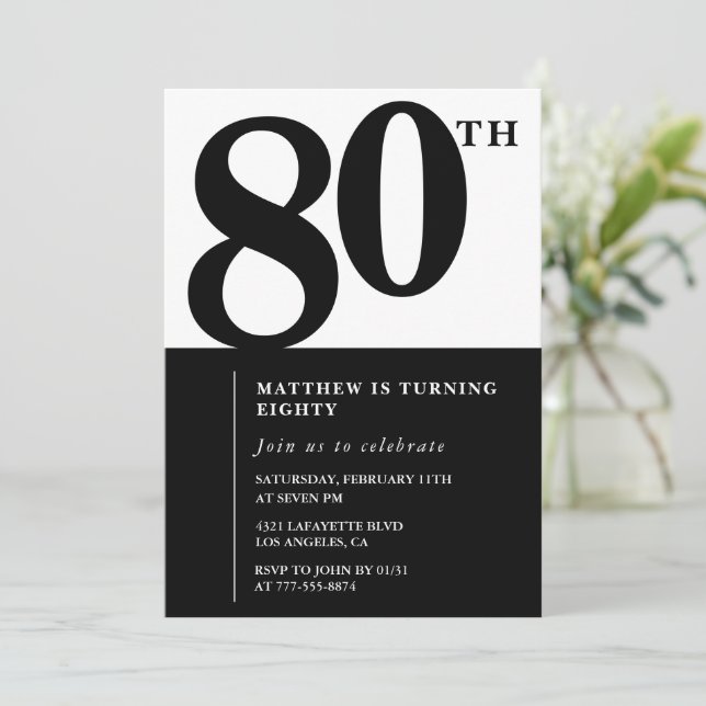 Elegant 80th birthday invitation Black Chic Modern (Standing Front)