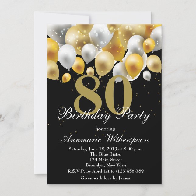 Elegant 80th Birthday Invitation Gold Balloons (Front)