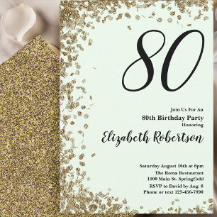Elegant 80th Birthday Invitation Green Gold Sequin