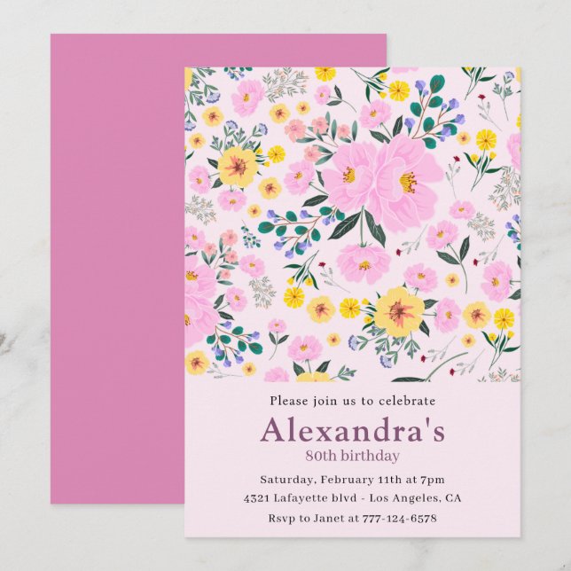 Elegant 80th birthday invitations Pink Floral Chic (Front/Back)