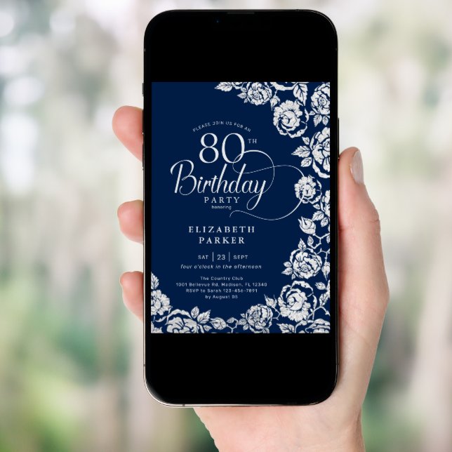 Elegant 80th Birthday Navy Silver Roses Invitation (Front Digital)