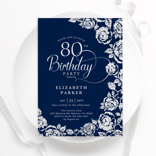 Elegant 80th Birthday Navy Silver Roses