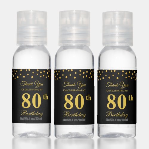 Elegant 80th Birthday Party Favor in Black  Gold Hand Sanitizer