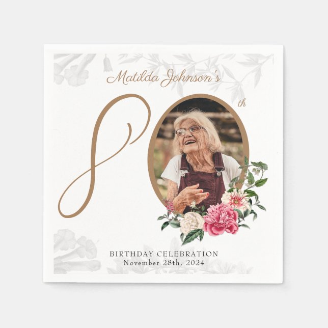 Elegant 80th Birthday Party Floral Botanical Photo Napkins (Front)