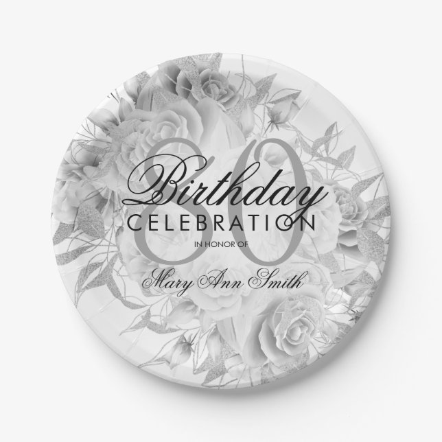 Elegant 80th Birthday Party Floral Silver White Paper Plates (Front)