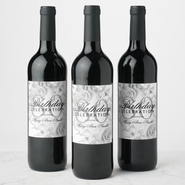 Elegant 80th Birthday Party Floral Silver White Wine Label (Bottles)