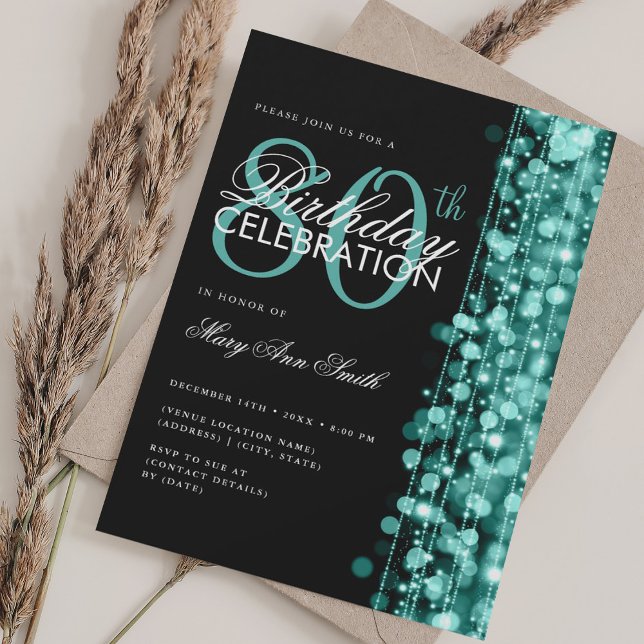 Elegant 80th Birthday Party Glam Sparkle Turquoise Invitation (Elegant 80th Birthday Party Glam Sparkle Turquoise Invitation)