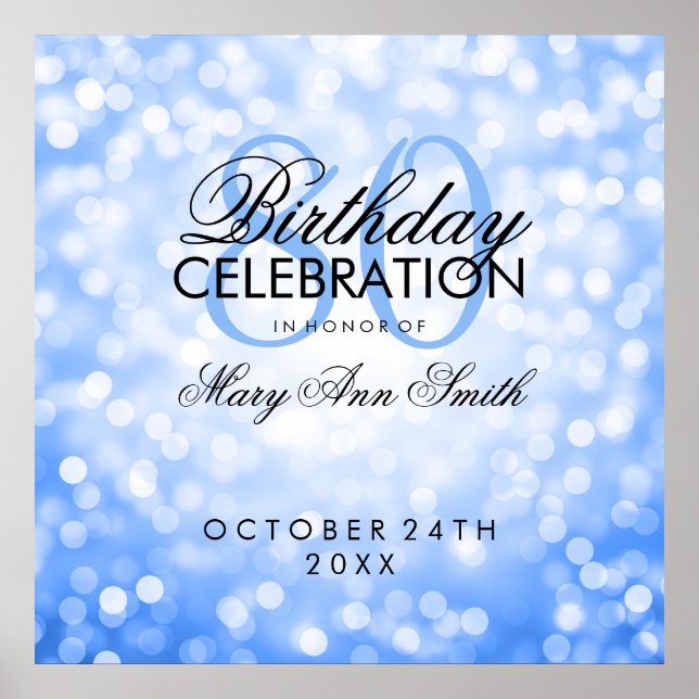 Elegant 80th Birthday Party Glitter Lights Blue Poster (Front)