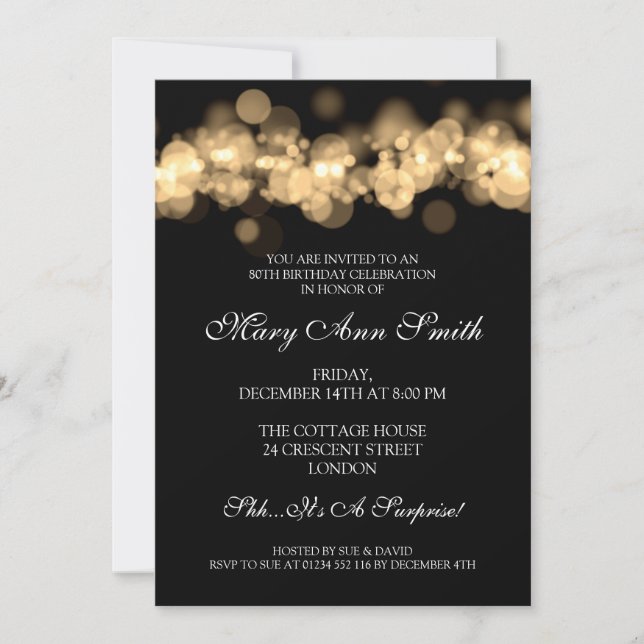 Elegant 80th Birthday Party Gold Bokeh Lights Invitation (Front)