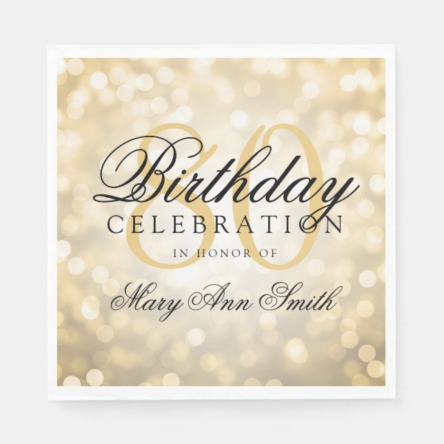Elegant 80th Birthday Party Gold Glitter Lights Paper Napkins (Front)