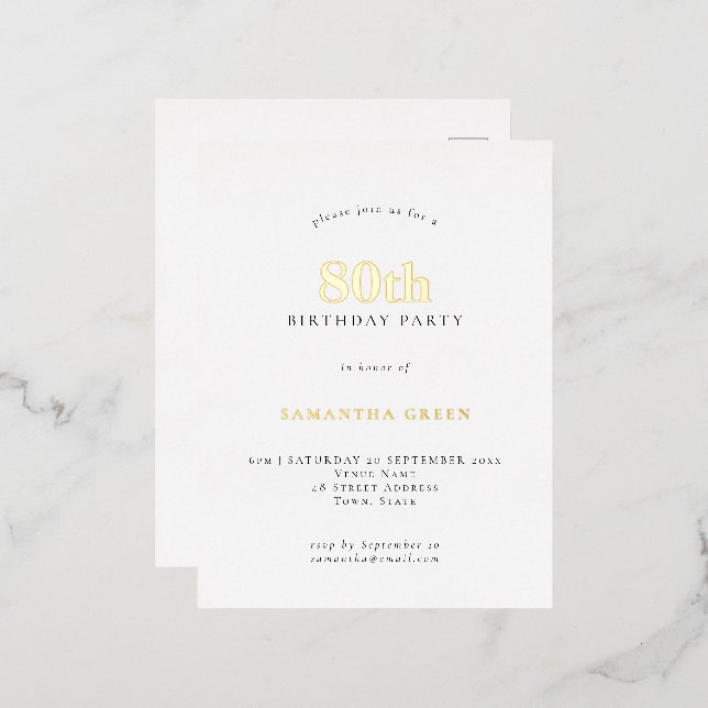 Elegant 80th Birthday Party Luxury Real  Foil Invitation Postcard (Front/Back)