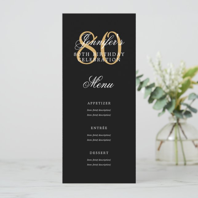 Elegant 80th Birthday Party Menu Gold Black Invitation (Standing Front)