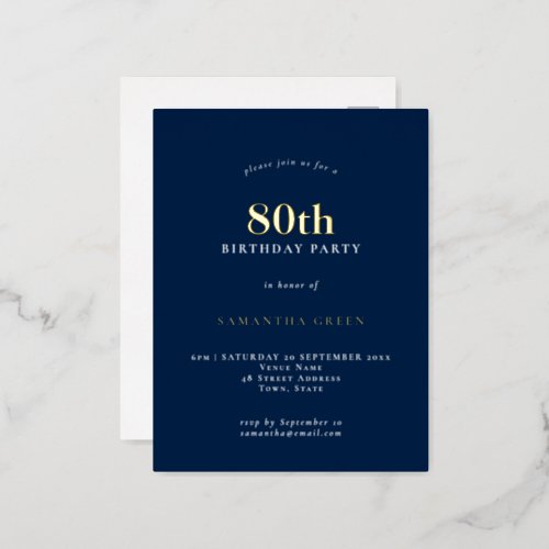 Elegant 80th Birthday Party Navy Blue Glam  Foil Invitation Postcard