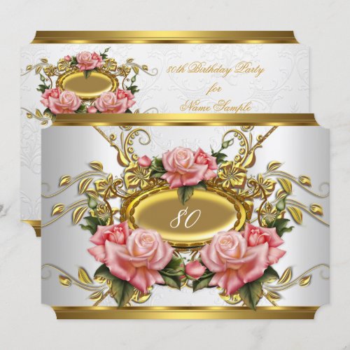 Elegant 80th Birthday Party Pink Gold Roses White 5x7 Paper Invitation Card