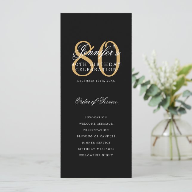 Elegant 80th Birthday Party Program Black Gold  (Standing Front)