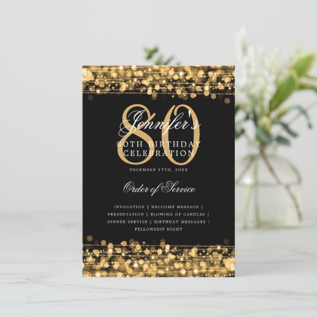 Elegant 80th Birthday Party Program Gold w/ Menu (Standing Front)