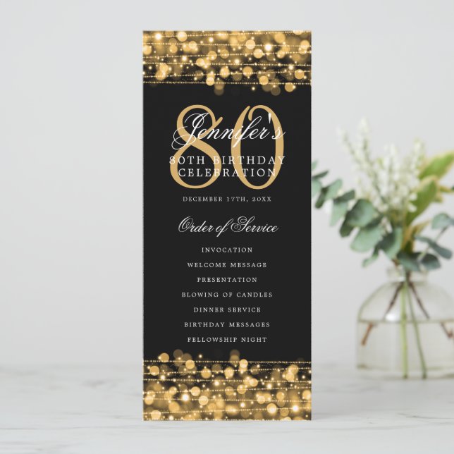 Elegant 80th Birthday Party Program Gold w/ Menu (Standing Front)