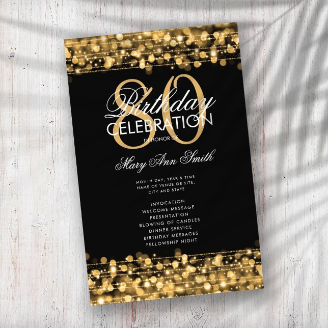 Elegant 80th Birthday Party Program Gold w/ Menu Flyer (Creator Uploaded)