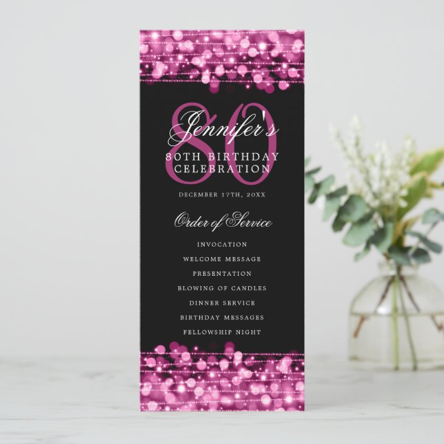 Elegant 80th Birthday Party Program Hot Pink  (Standing Front)