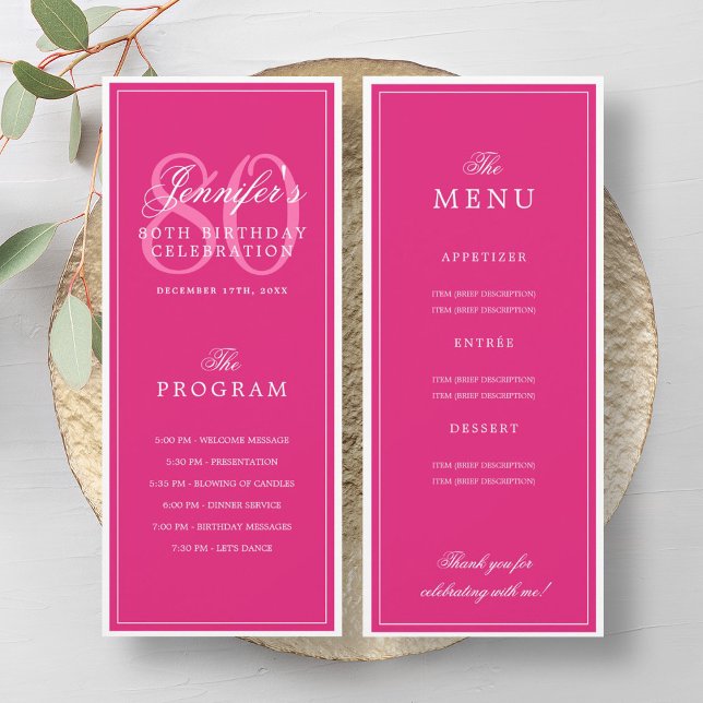Elegant 80th Birthday Party Program Menu Hot Pink (Elegant 80th Birthday Party Program Menu Hot Pink)