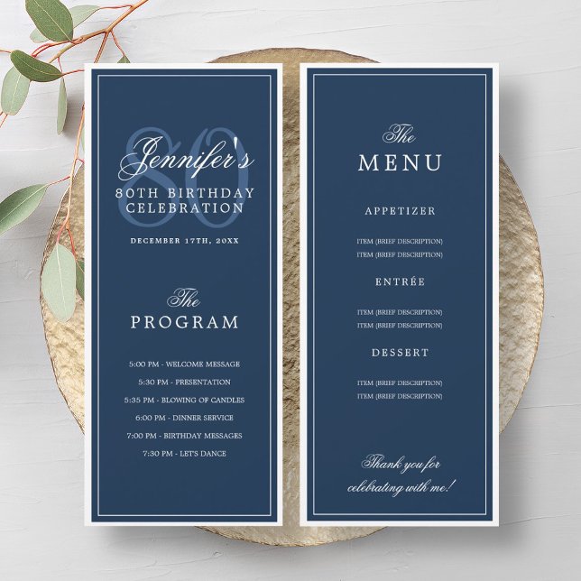 Elegant 80th Birthday Party Program Menu Navy Blue (Elegant 80th Birthday Party Program Menu Navy Blue)