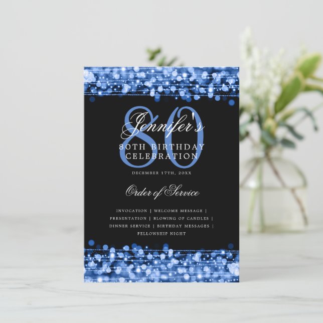 Elegant 80th Birthday Party Program Navy Blue Menu (Standing Front)