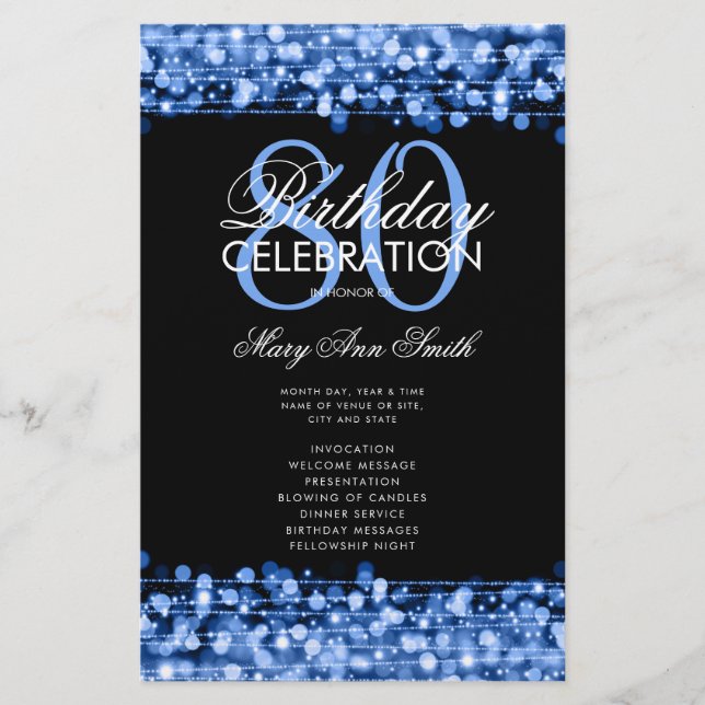 Elegant 80th Birthday Party Program Navy Blue Menu Flyer (Front)