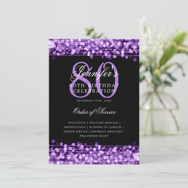 Elegant 80th Birthday Party Program Purple Menu (Standing Front)